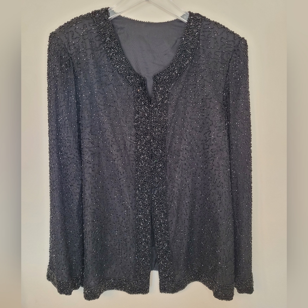 Vtg Beaded Evening Jacket LAWRENCE KAZAR SILK SEQUIN FORMAL LINED BLACK Size M